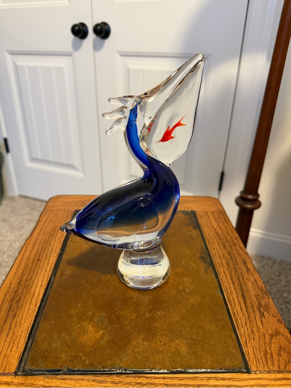 Vintage Murano Style Blue and Clear Glass Pelican Figurine with Red Fish Accent
